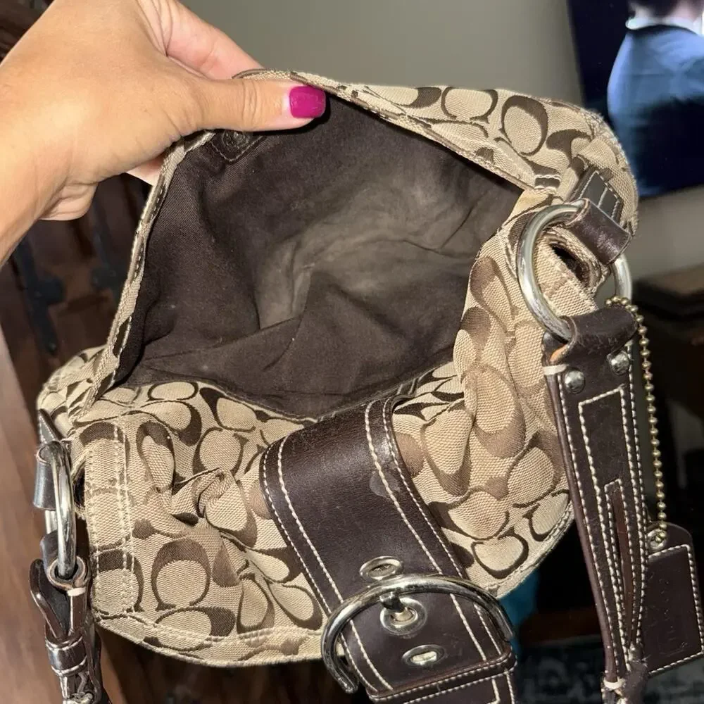 Coach Brown Signature soho Canvas Leather Trim Shoulder Bag Silver Hardware